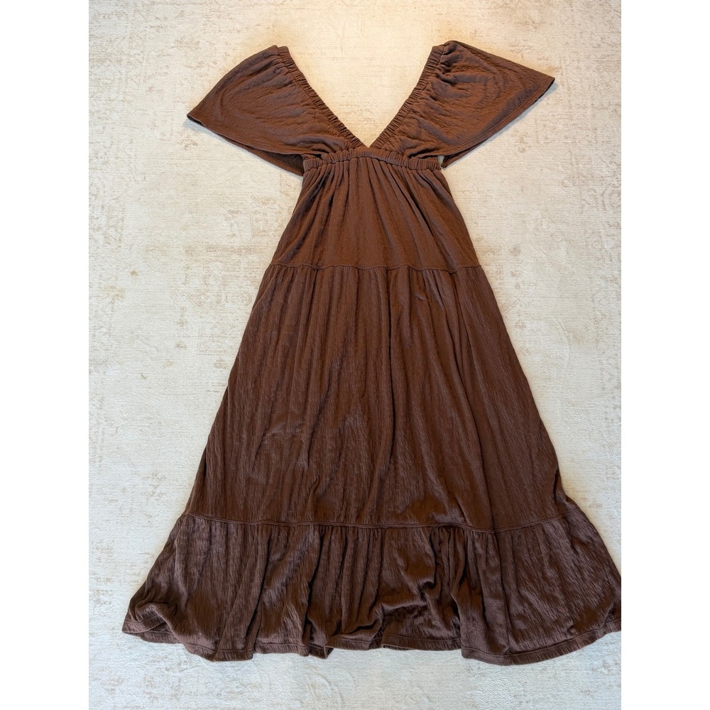 Free People Beach Brown Textured V-Neck Tiered Maxi Dress Small